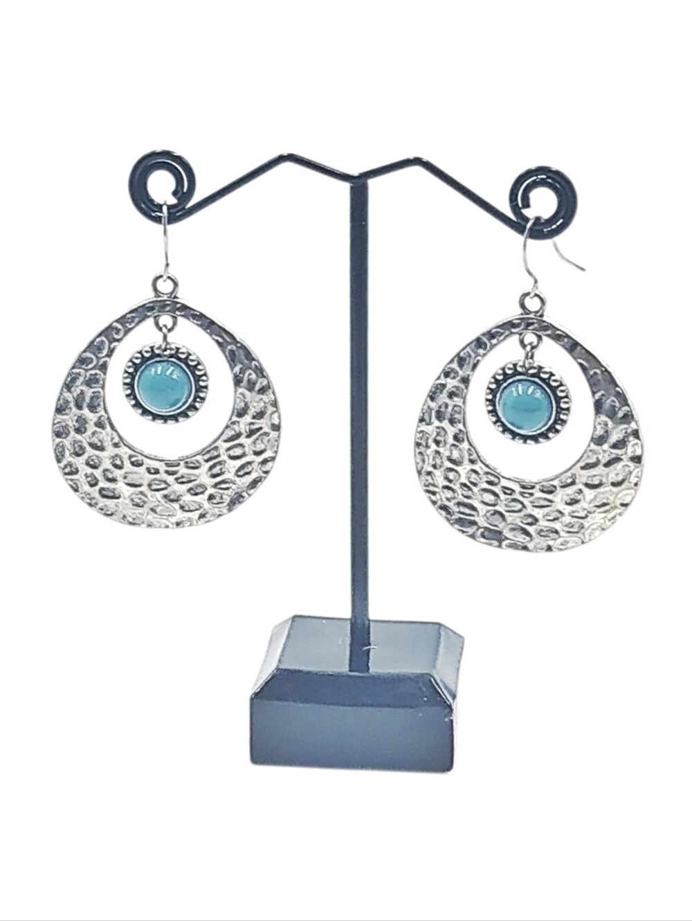 Silver Tone Hammered Teardrop Earrings w/Faux Turquoise Cabochon